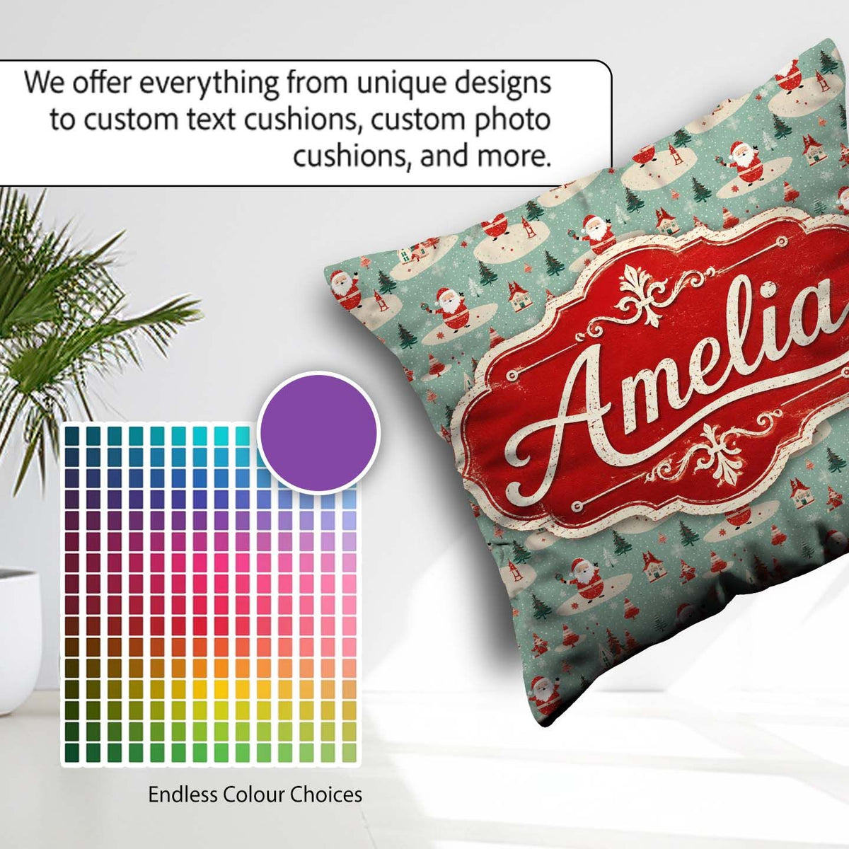 Custom Name Santa Village Trees Houses Snowy Landscape Christmas Square Filled Cushion Throw Pillow Sofa Bed Home Decor Zip Washable UK Made