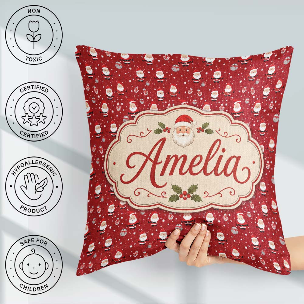 Custom Name Classic Santa Snow Red Christmas Traditional Festive Square Filled Cushion Throw Pillow Sofa Bed Home Decor Zip Washable UK Made