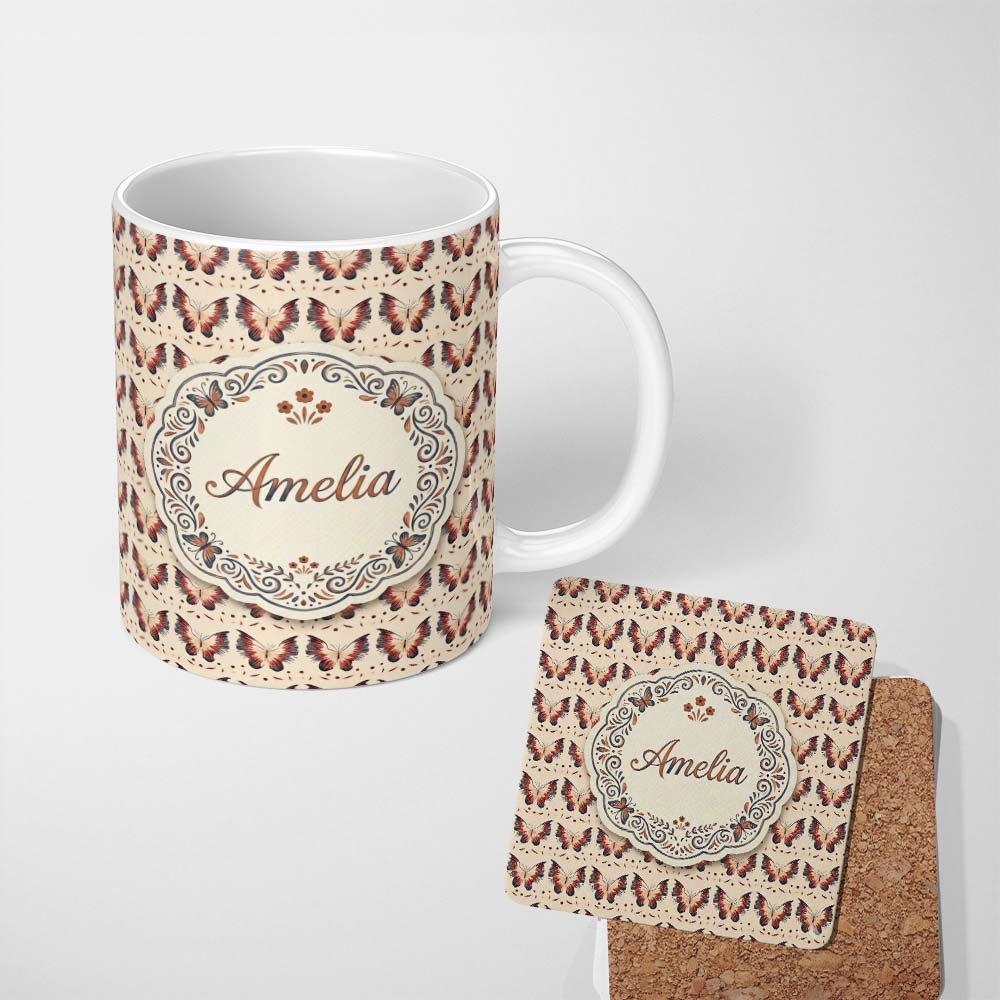 Personalized Custom Name Red and Black Butterfly Symmetrical Elegant Seamless Pattern Lovely 11oz Ceramic Coffee Tea Mug White Large Handle
