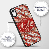 Vintage Style Santa Faces Snowy Red Background Custom Name Protective Phone Case Mobile Cover Durable Everyday Smartphone Shock Resistant