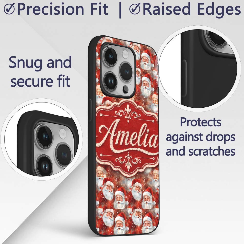 Vintage Style Santa Faces Snowy Red Background Custom Name Protective Phone Case Mobile Cover Durable Everyday Smartphone Shock Resistant