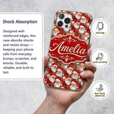 Vintage Style Santa Faces Snowy Red Background Custom Name Protective Phone Case Mobile Cover Durable Everyday Smartphone Shock Resistant