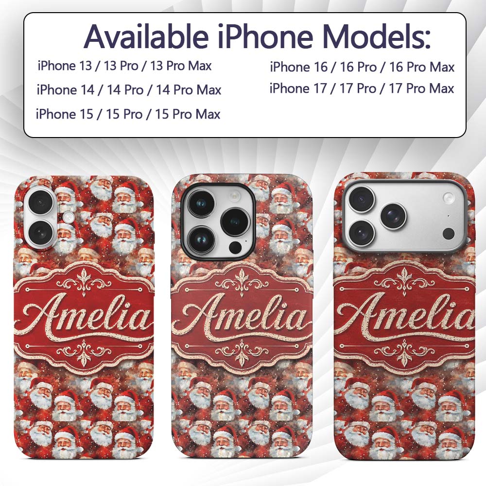 Vintage Style Santa Faces Snowy Red Background Custom Name Protective Phone Case Mobile Cover Durable Everyday Smartphone Shock Resistant