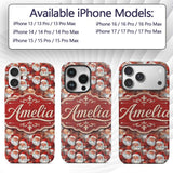 Vintage Style Santa Faces Snowy Red Background Custom Name Protective Phone Case Mobile Cover Durable Everyday Smartphone Shock Resistant
