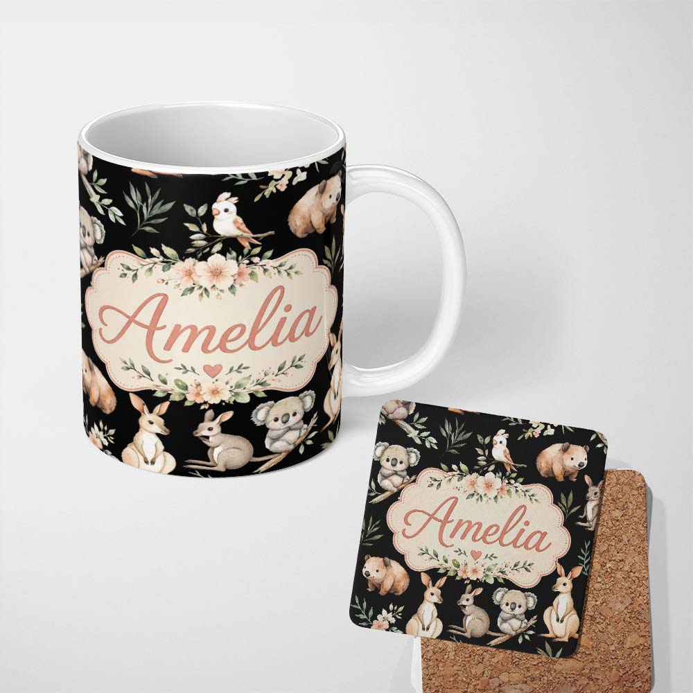 Personalized Custom Name Cute Woodland Animals Koala Kangaroo Bear Floral Pattern Black 11oz Ceramic Coffee Tea Mug White Large Handle