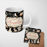 Personalized Custom Name Cute Woodland Animals Koala Kangaroo Bear Floral Pattern Black 11oz Ceramic Coffee Tea Mug White Large Handle