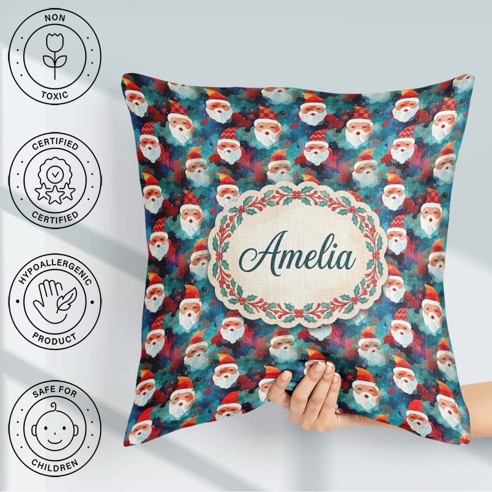 Custom Name Colorful Abstract Blue Background Artistic Christmas Square Filled Cushion Throw Pillow Sofa Bed Home Decor Zip Washable UK Made