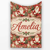 Traditional Santa Holly Tree Red Christmas Festive Vintage Style  Personalised Custom Name Super Soft Fleece Blanket Bed Sofa Throw