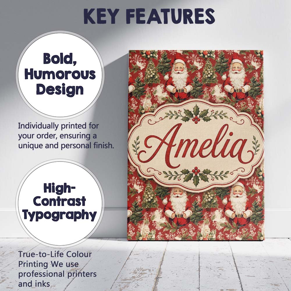 Personalised Name Traditional Santa Holly Custom  Unique Gift Idea Elegant Feature Canvas Wall Art Print Decor Picture Ready to Hang
