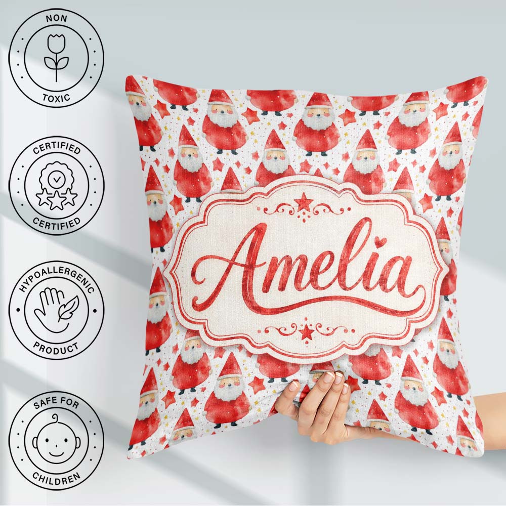 Custom Name Watercolor Santa Stars White Background Soft Festive Square Filled Cushion Throw Pillow Sofa Bed Home Decor Zip Washable UK Made
