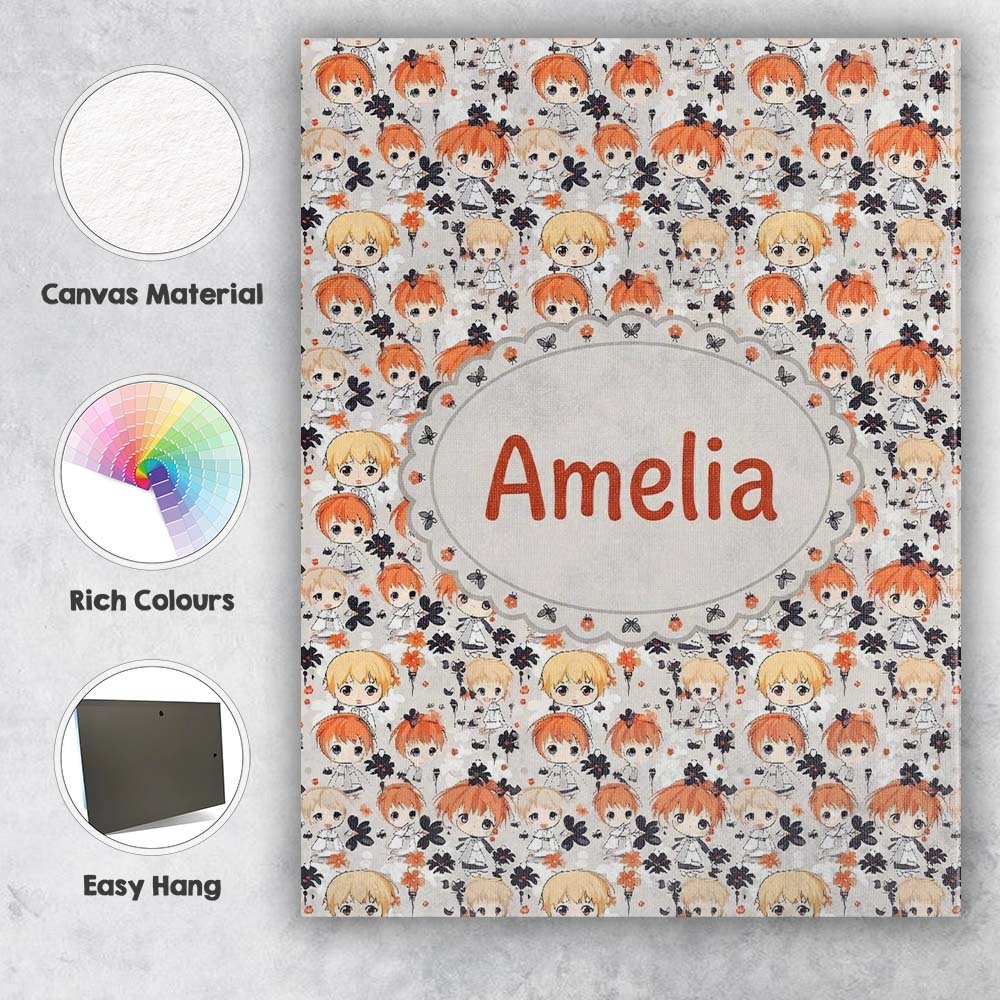 Personalised Name Cute Chibi Kids Floral Pattern Kawaii Character Custom  Bespoke Canvas Wall Art Print Decor Picture Ready to Hang