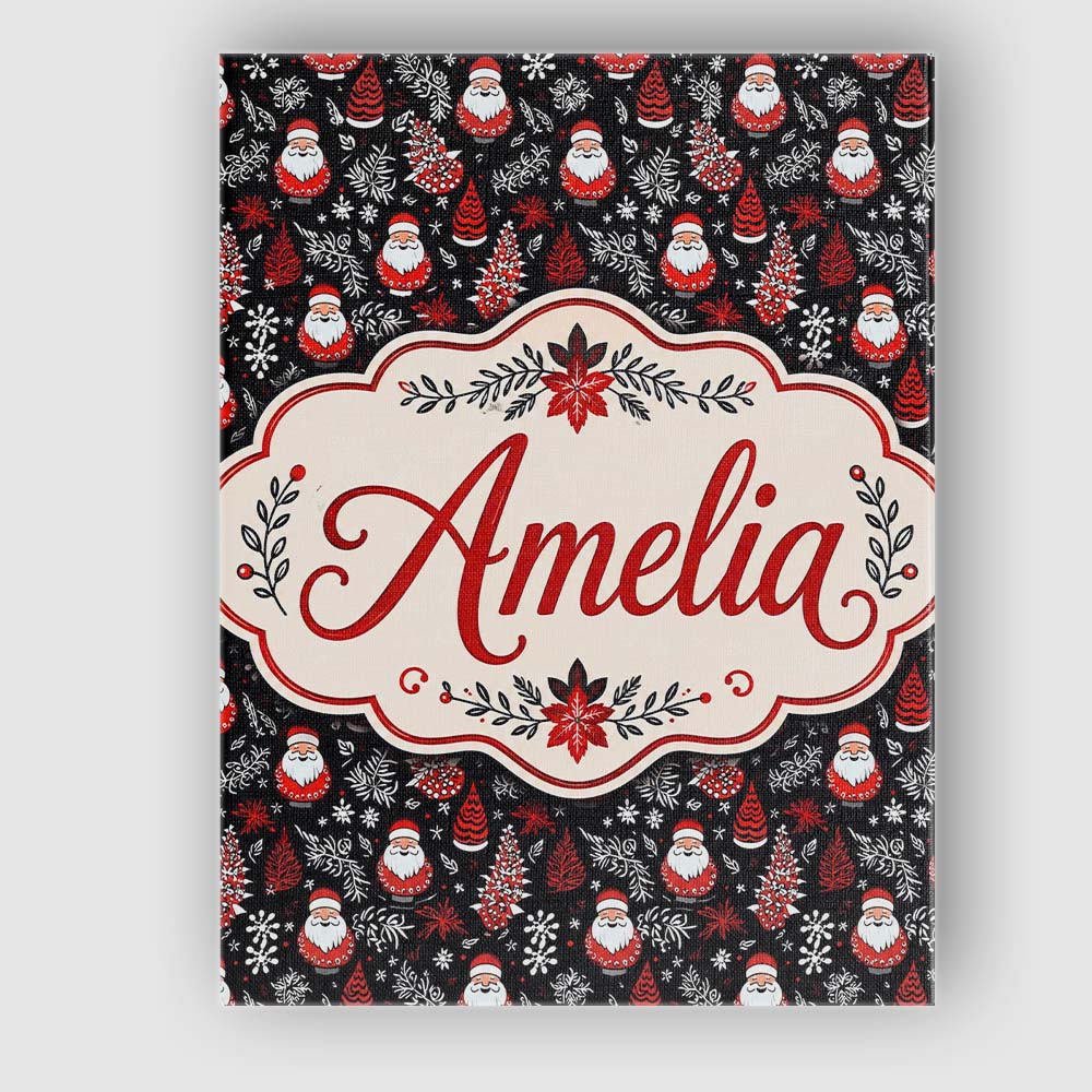 Personalised Name Festive Santa Folk Black Custom  Unique Gift Idea Elegant Feature Canvas Wall Art Print Decor Picture Ready to Hang