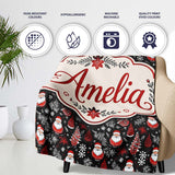 Festive Santa Folk Black Background Red White Winter Christmas  Personalised Custom Name Super Soft Fleece Blanket Bed Sofa Throw