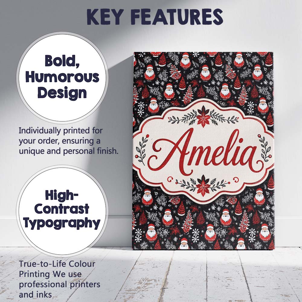 Personalised Name Festive Santa Folk Black Custom  Unique Gift Idea Elegant Feature Canvas Wall Art Print Decor Picture Ready to Hang