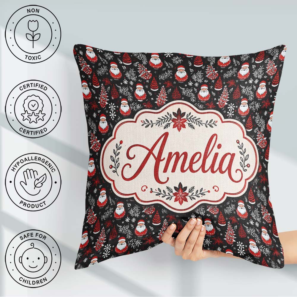 Custom Name Festive Santa Folk Black Background Red White Winter Square Filled Cushion Throw Pillow Sofa Bed Home Decor Zip Washable UK Made