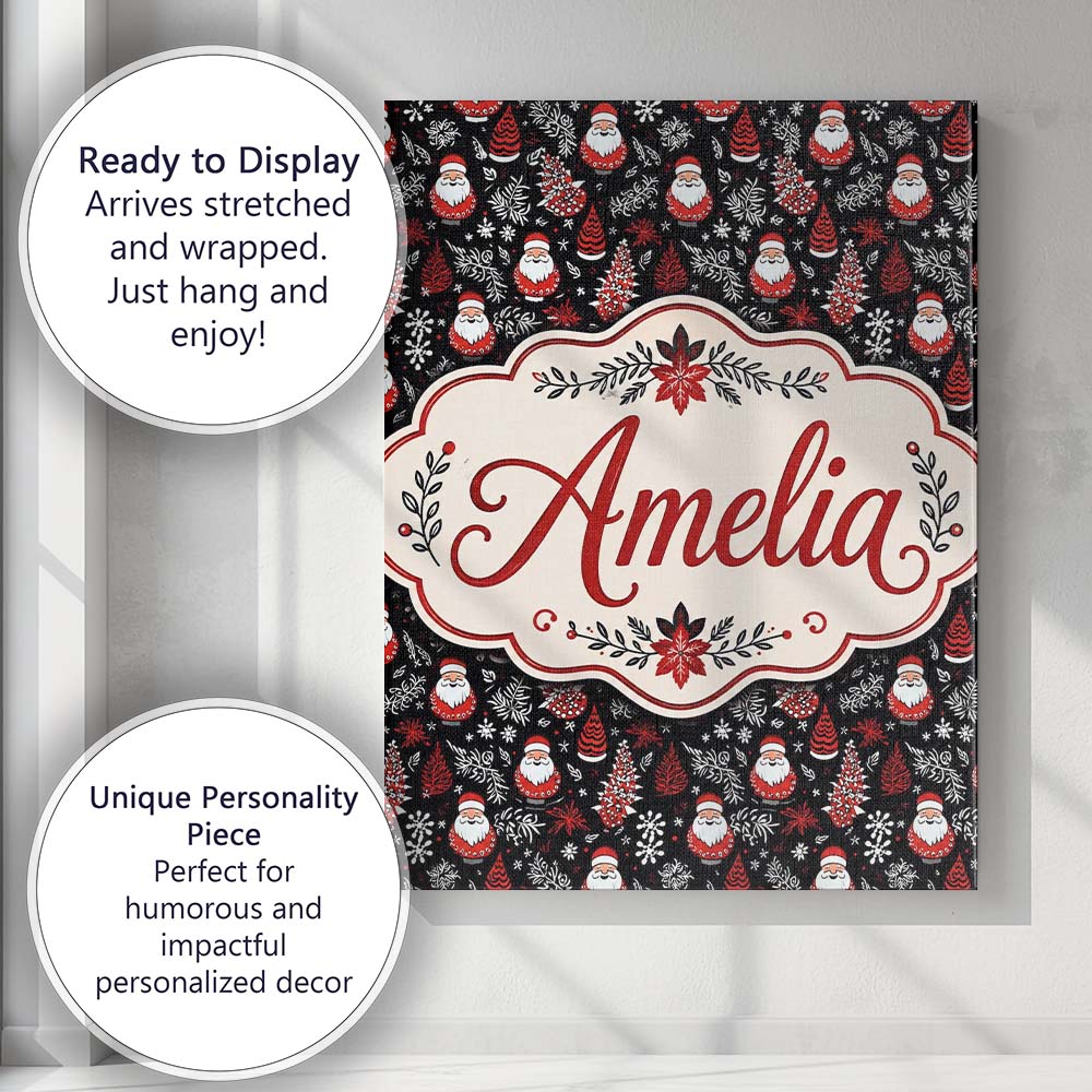 Personalised Name Festive Santa Folk Black Custom  Unique Gift Idea Elegant Feature Canvas Wall Art Print Decor Picture Ready to Hang