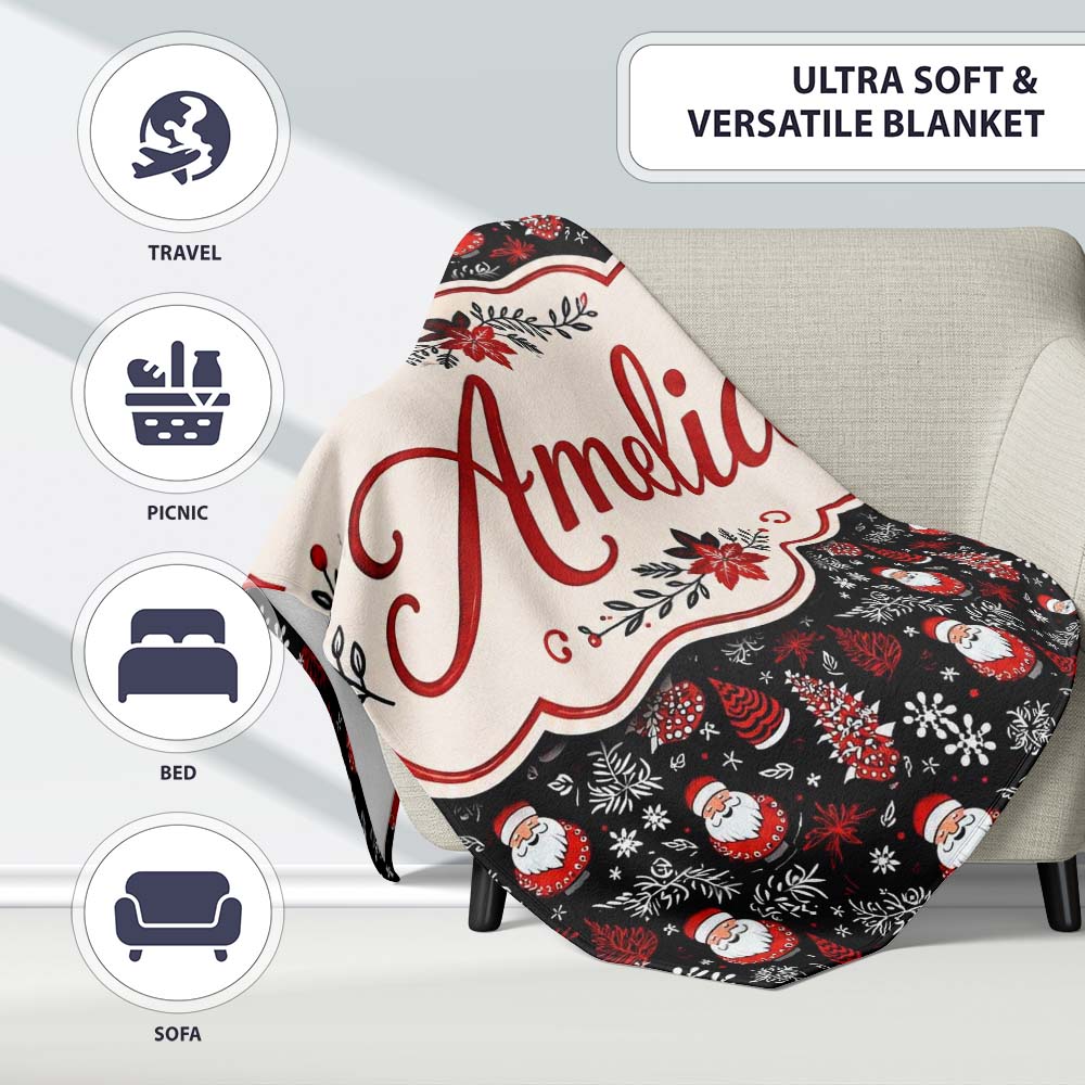 Festive Santa Folk Black Background Red White Winter Christmas  Personalised Custom Name Super Soft Fleece Blanket Bed Sofa Throw
