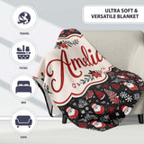 Festive Santa Folk Black Background Red White Winter Christmas  Personalised Custom Name Super Soft Fleece Blanket Bed Sofa Throw