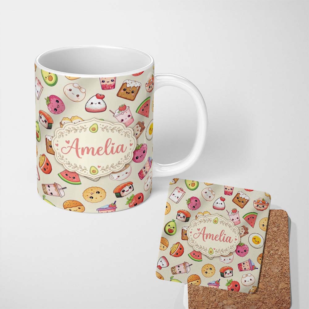 Personalized Custom Name Cute Kawaii Food Characters Seamless Pattern Neutral Background Fun 11oz Ceramic Coffee Tea Mug White Large Handle