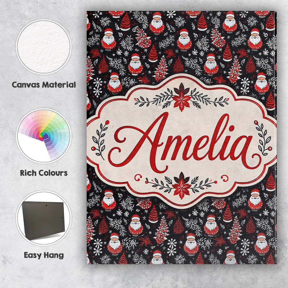 Personalised Name Festive Santa Folk Black Custom  Unique Gift Idea Elegant Feature Canvas Wall Art Print Decor Picture Ready to Hang