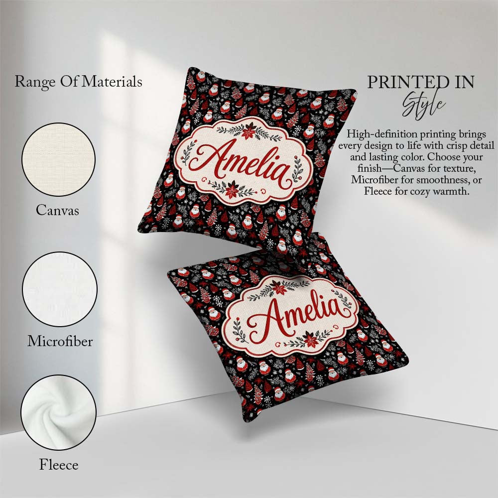 Custom Name Festive Santa Folk Black Background Red White Winter Square Filled Cushion Throw Pillow Sofa Bed Home Decor Zip Washable UK Made