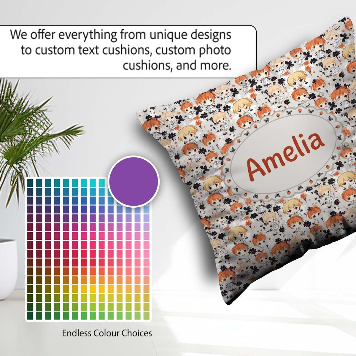 Custom Name Chibi Kids Floral Pattern Kawaii Character Design Square Filled Cushion Throw Pillow Sofa Bed Home Decor Zip Washable UK Made