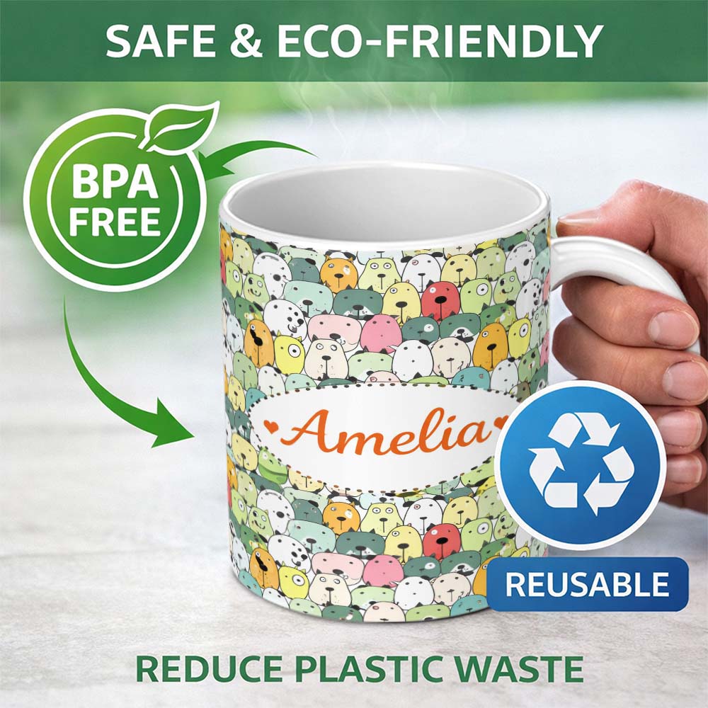 Personalized Custom Name Cute Cartoon Dogs Crowd Multicolour Seamless Pattern Lovely 11oz Ceramic Coffee Tea Mug White Large Handle