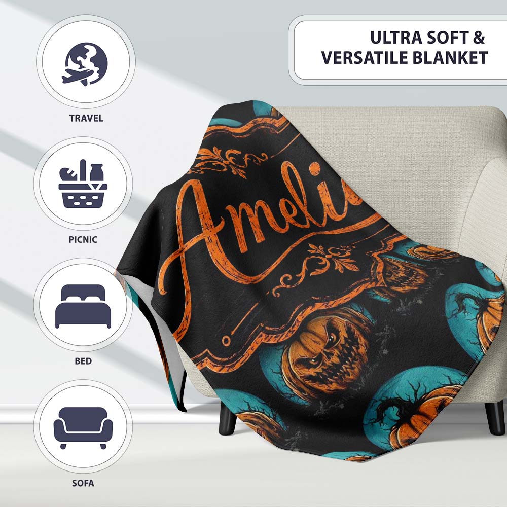 Spooky Halloween Pumpkin Moon Dark Seamless Gothic Jack O Lantern  Personalised Custom Name Super Soft Fleece Blanket Bed Sofa Throw