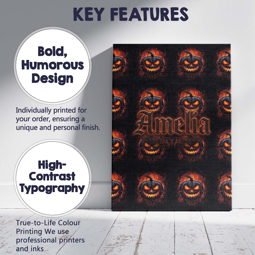 Personalised Name Glowing Halloween Pumpkin Custom  Bespoke Interior Contemporary Canvas Wall Art Print Decor Picture Ready to Hang