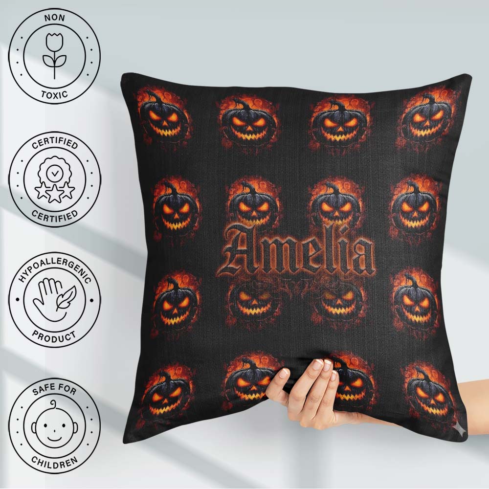 Custom Name Glowing Halloween Pumpkin Fire Eyes Seamless Pattern Square Filled Cushion Throw Pillow Sofa Bed Home Decor Zip Washable UK Made