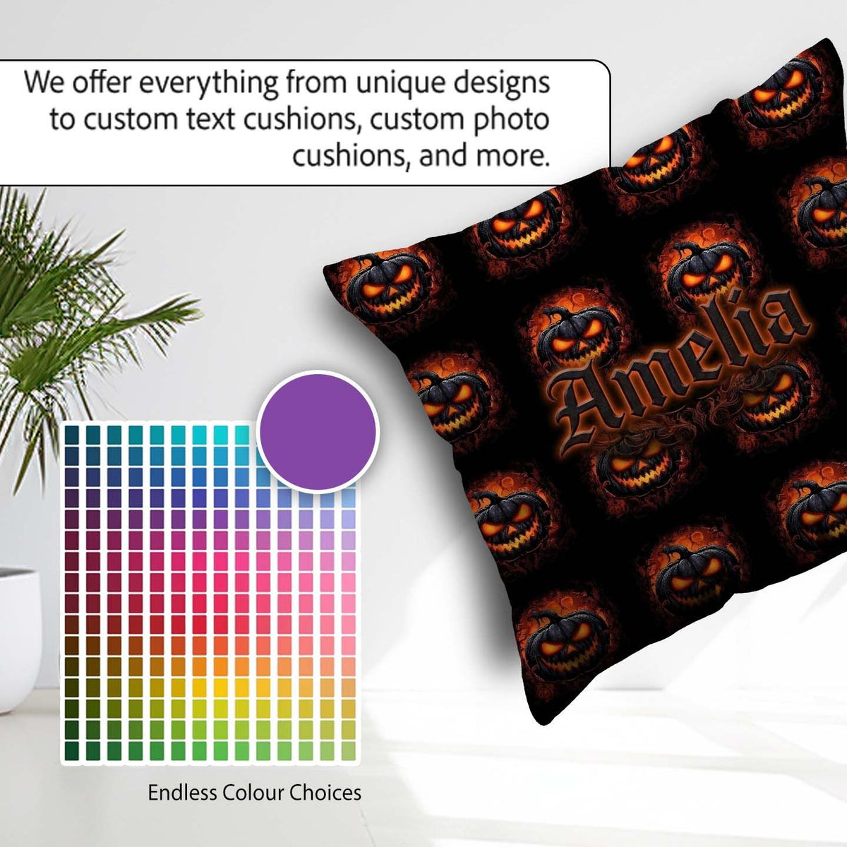 Custom Name Glowing Halloween Pumpkin Fire Eyes Seamless Pattern Square Filled Cushion Throw Pillow Sofa Bed Home Decor Zip Washable UK Made