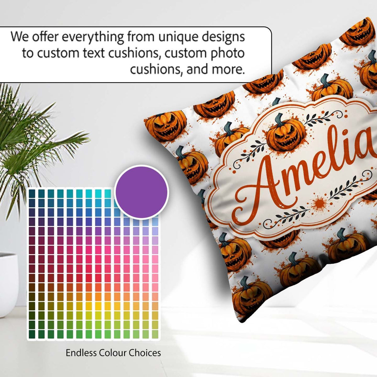 Custom Name Grunge Style Pumpkin Splash White Halloween Seamless Square Filled Cushion Throw Pillow Sofa Bed Home Decor Zip Washable UK Made