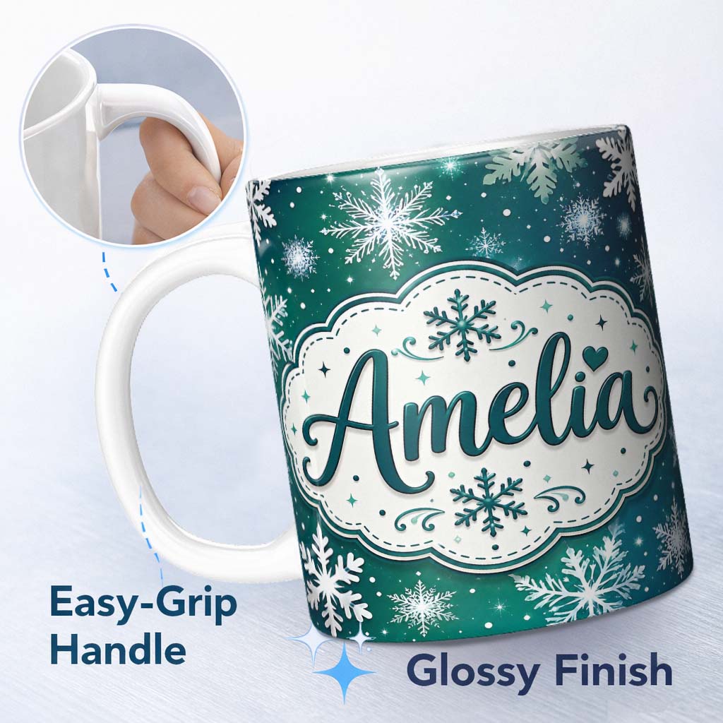 Personalized Custom Name Elegant Blue Green Snowflake Winter Seamless Pattern Lovely 11oz Ceramic Coffee Tea Mug White Large Handle