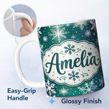 Personalized Custom Name Elegant Blue Green Snowflake Winter Seamless Pattern Lovely 11oz Ceramic Coffee Tea Mug White Large Handle