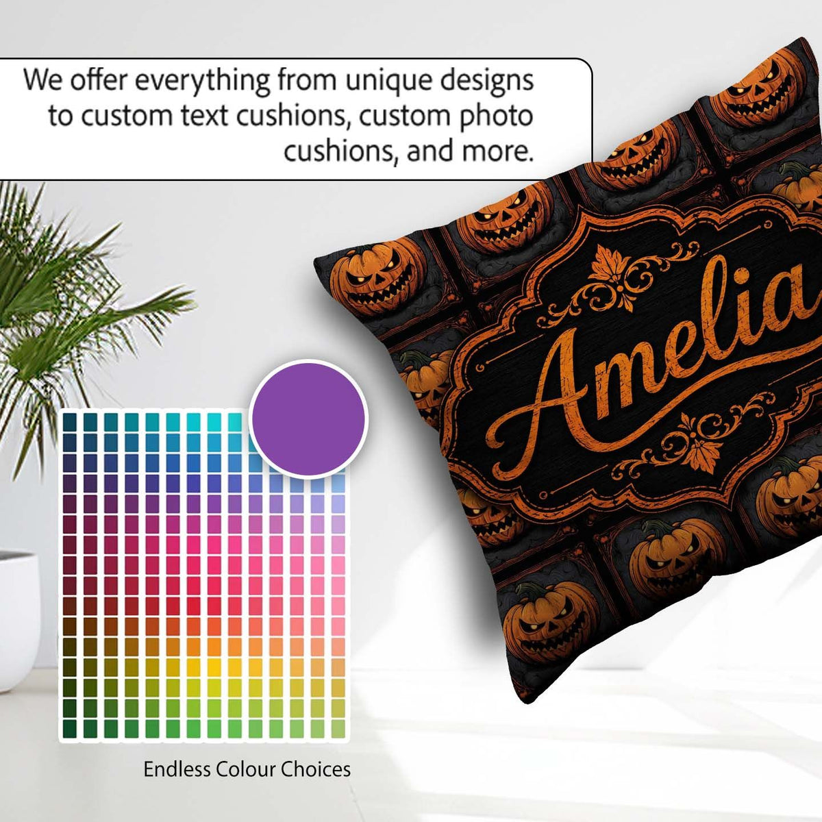 Custom Name Ornate Framed Pumpkin Gothic Dark Halloween Seamless Square Filled Cushion Throw Pillow Sofa Bed Home Decor Zip Washable UK Made