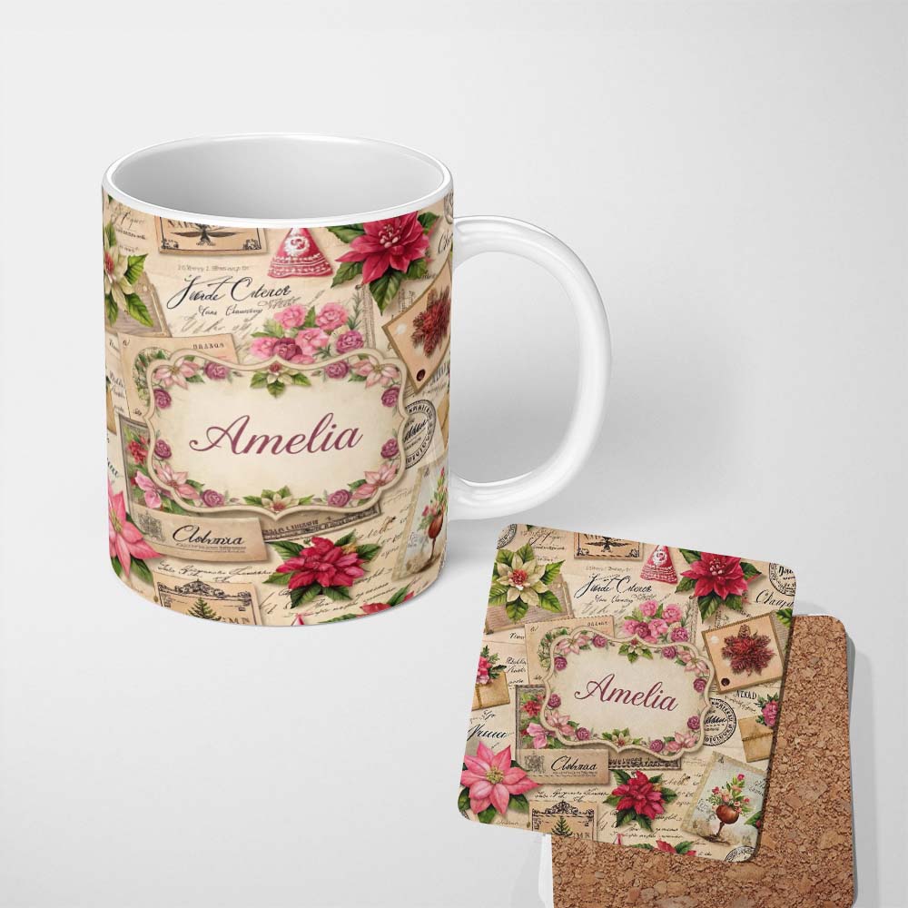 Personalized Custom Name Vintage Floral Christmas Cards Poinsettia Roses and Antique Paper 11oz Ceramic Coffee Tea Mug White Large Handle