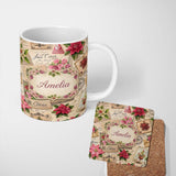 Personalized Custom Name Vintage Floral Christmas Cards Poinsettia Roses and Antique Paper 11oz Ceramic Coffee Tea Mug White Large Handle