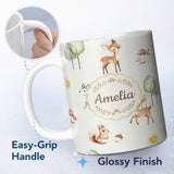 Personalized Custom Name Cute Woodland Deer Fox Mushroom Seamless Pattern on Light Grey 11oz Ceramic Coffee Tea Mug White Large Handle