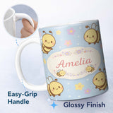 Personalized Custom Name Cute Bee Flower Cartoon Animal Pattern Stylish Everyday Mug Lovely 11oz Ceramic Coffee Tea Mug White Large Handle