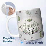 Personalized Custom Name Cute Panda Bamboo and Floral Minimal Seamless Pattern on Light Grey 11oz Ceramic Coffee Tea Mug White Large Handle