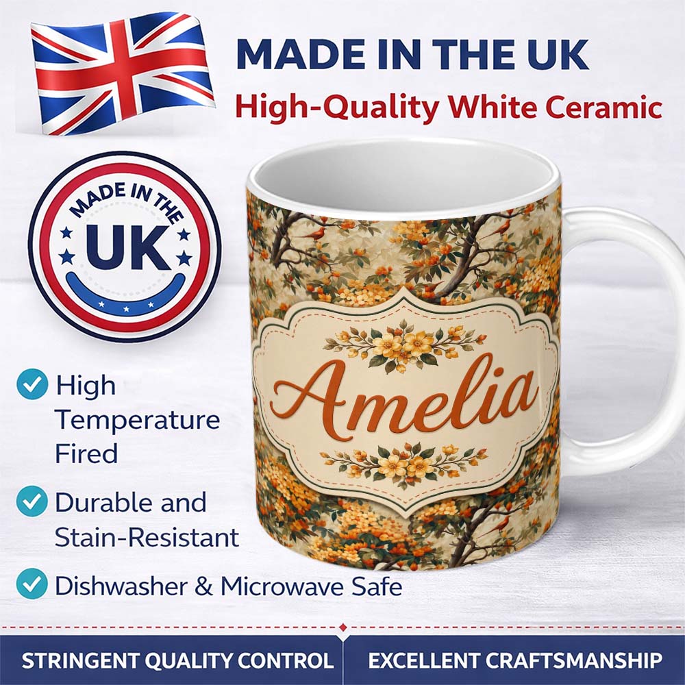 Personalized Custom Name Detailed Botanical Branches with Orange Flowers and Birds Vintage 11oz Ceramic Coffee Tea Mug White Large Handle