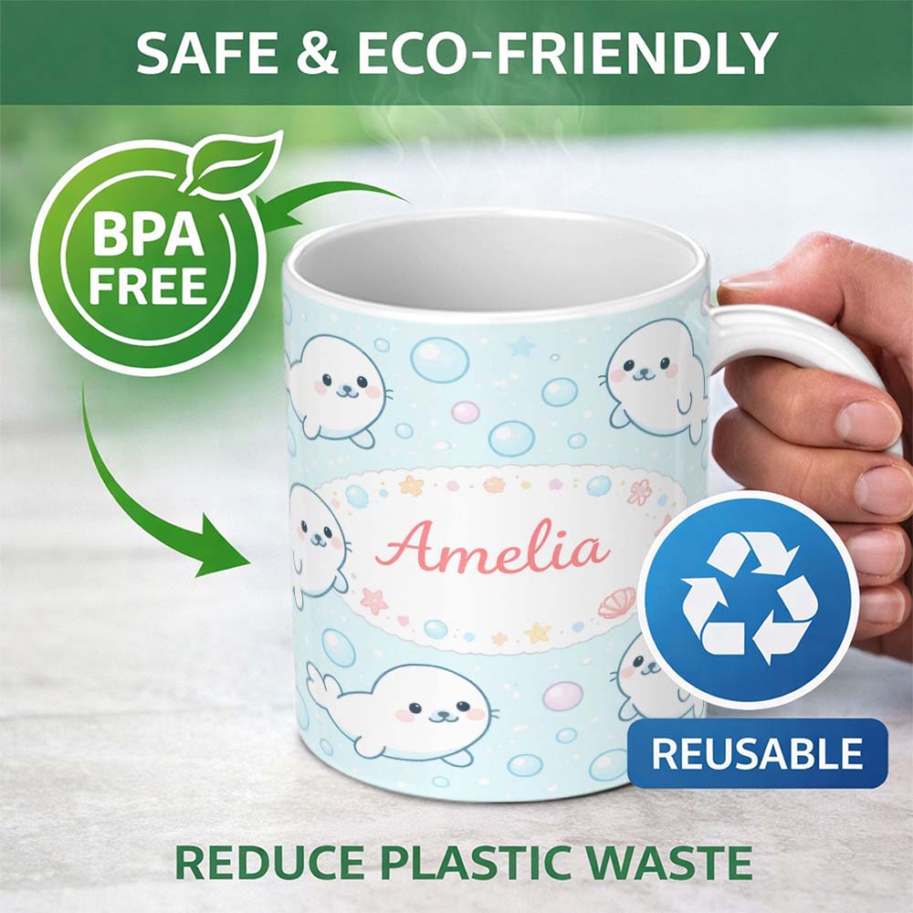 Personalized Custom Name Cute Kawaii Seal Cartoon Animal Ocean Pattern Stylish Everyday Mug 11oz Ceramic Coffee Tea Mug White Large Handle