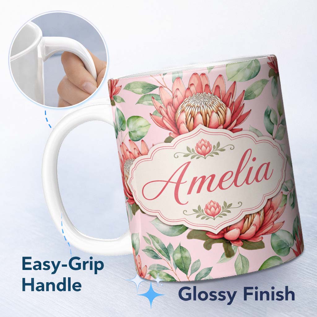 Personalized Custom Name Coral Protea Flowers on Blush Pink Background Seamless Botanical 11oz Ceramic Coffee Tea Mug White Large Handle