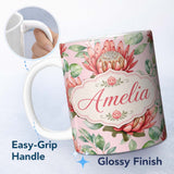 Personalized Custom Name Coral Protea Flowers on Blush Pink Background Seamless Botanical 11oz Ceramic Coffee Tea Mug White Large Handle