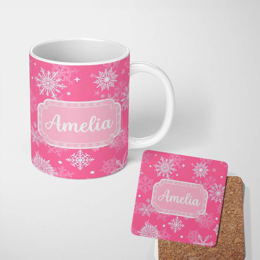 Personalized Custom Name Decorative Pink Snowflakes Stars Seamless Pattern Cute Unique Gift 11oz Ceramic Coffee Tea Mug White Large Handle