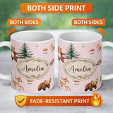 Personalized Custom Name Forest Animals Bear Bunny Squirrel Trees on Warm Pink Seamless 11oz Ceramic Coffee Tea Mug White Large Handle