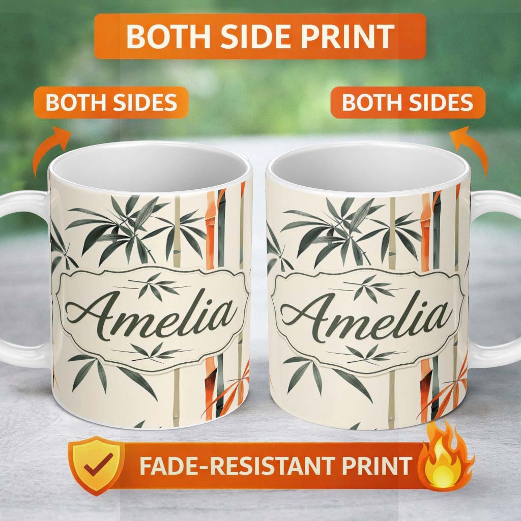 Personalized Custom Name Artistic Bamboo Leaves and Stems on Neutral Background Pattern 11oz Ceramic Coffee Tea Mug White Large Handle