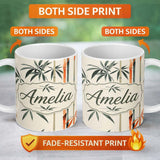 Personalized Custom Name Artistic Bamboo Leaves and Stems on Neutral Background Pattern 11oz Ceramic Coffee Tea Mug White Large Handle