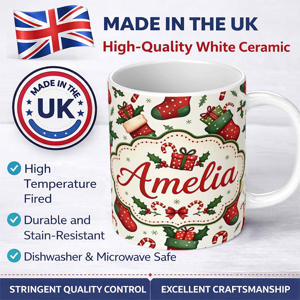Personalized Custom Name Cute Christmas Stockings Gifts Candy Cane Holly Seamless Pattern 11oz Ceramic Coffee Tea Mug White Large Handle