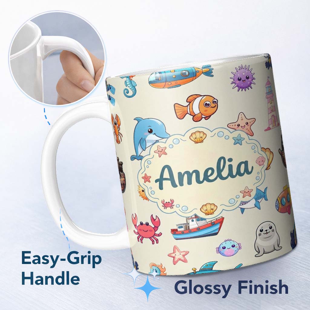 Personalized Custom Name Cartoon Sea Animals Diver Dolphin Shark Crab Boat Lighthouse Cream 11oz Ceramic Coffee Tea Mug White Large Handle